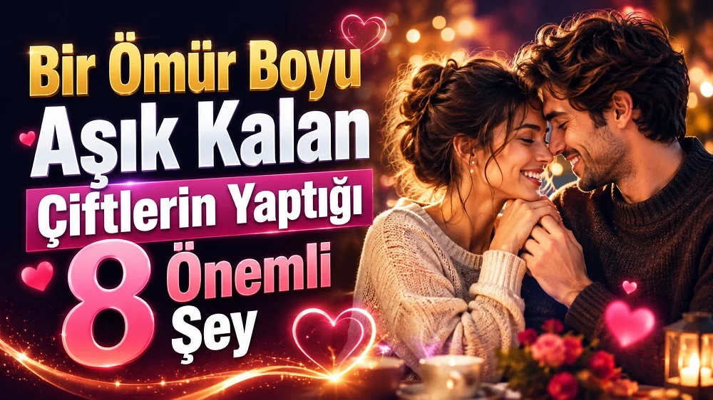 Sıcak ve romantik bir ortamda birbirine sevgiyle sarılan mutlu çift, kalp simgeleri ve büyük başlık yazılarıyla hazırlanmış uzun ömürlü aşk temalı kapak tasarımı.