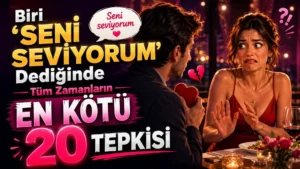 Romantik bir akşam yemeğinde “Seni seviyorum” diyen bir erkeğe şaşkın ve rahatsız bir ifadeyle tepki veren kadın, kalp ve konuşma balonu detaylarıyla hazırlanmış mizahi ilişki temalı kapak tasarımı.