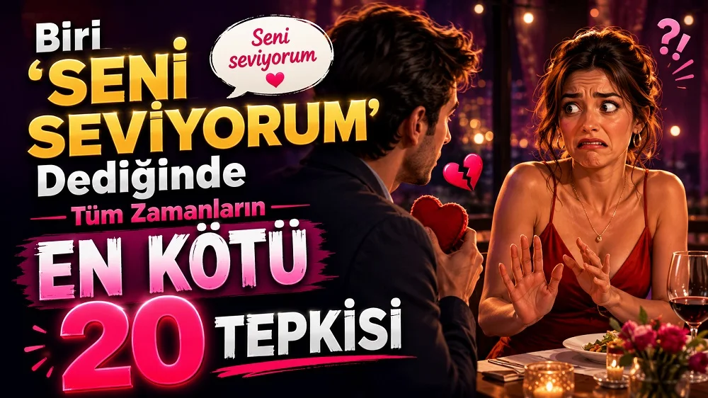 Romantik bir akşam yemeğinde “Seni seviyorum” diyen bir erkeğe şaşkın ve rahatsız bir ifadeyle tepki veren kadın, kalp ve konuşma balonu detaylarıyla hazırlanmış mizahi ilişki temalı kapak tasarımı.