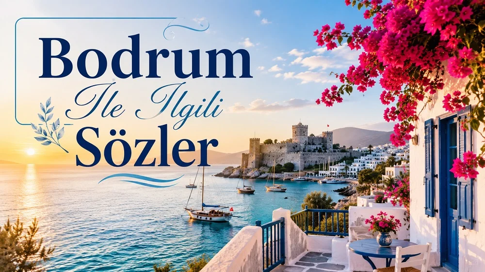 Bodrum sahilinde gün batımı, masmavi deniz, beyaz evler, begonviller ve “Bodrum ile İlgili Sözler” başlığıyla hazırlanmış kapak tasarımı.