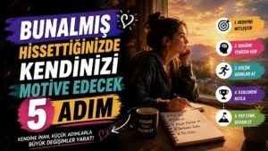 Gün doğumu manzarasına bakan düşünceli kadın, not defteri, kahve kupası, hedef ve motivasyon adımlarını gösteren simgelerle hazırlanmış bunalmışken motive olma temalı kapak tasarımı.