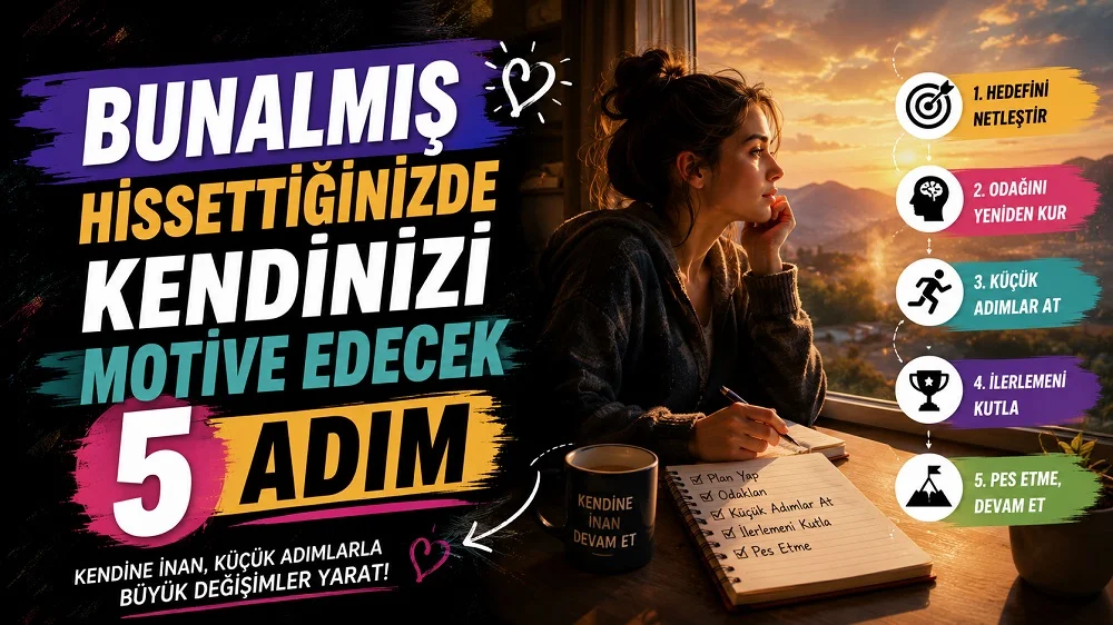 Gün doğumu manzarasına bakan düşünceli kadın, not defteri, kahve kupası, hedef ve motivasyon adımlarını gösteren simgelerle hazırlanmış bunalmışken motive olma temalı kapak tasarımı.