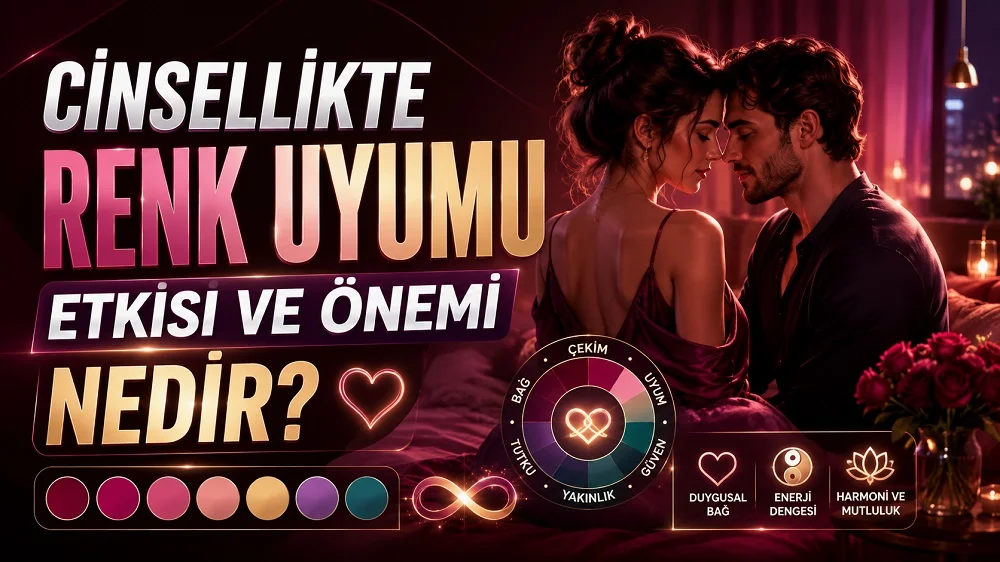 Loş ve romantik bir ortamda birbirine yakın duran çift, renk paleti, kalp, enerji ve uyum simgeleriyle hazırlanmış cinsellikte renk uyumu temalı kapak tasarımı.