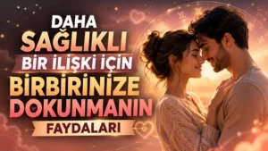 Birbirine sevgiyle yaklaşan romantik çift ve sıcak tonlarda büyük başlık yazısıyla hazırlanmış sağlıklı ilişki temalı kapak tasarımı.