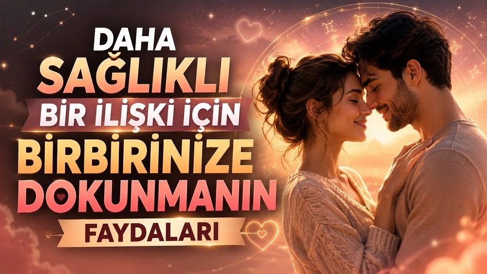 Birbirine sevgiyle yaklaşan romantik çift ve sıcak tonlarda büyük başlık yazısıyla hazırlanmış sağlıklı ilişki temalı kapak tasarımı.