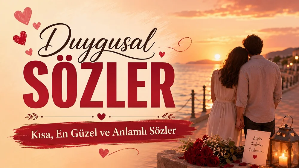 Gün batımında deniz kenarında el ele duran çift, kırmızı güller, fener ve “Duygusal Sözler Kısa, En Güzel ve Anlamlı Sözler” yazılı romantik kapak görseli.