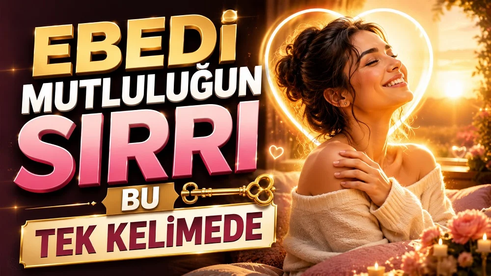 Gün ışığı ve kalp ışıklarıyla çevrili mutlu kadın figürü, anahtar simgesi ve büyük başlık yazılarıyla hazırlanmış ebedi mutluluğun sırrını anlatan pozitif yaşam temalı kapak tasarımı.