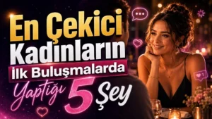 Romantik bir akşam ortamında gülümseyerek karşısındaki kişiye bakan şık kadın, kalp ve konuşma simgeleriyle hazırlanmış ilk buluşma temalı kapak tasarımı.