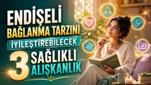 Sıcak gün ışığı alan bir odada kitap okuyan huzurlu kadın, çevresinde kalp, meditasyon, nefes ve iletişim simgeleriyle hazırlanmış endişeli bağlanma ve sağlıklı alışkanlıklar temalı kapak tasarımı.