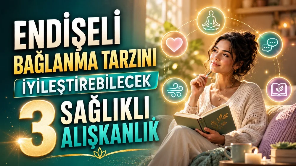 Sıcak gün ışığı alan bir odada kitap okuyan huzurlu kadın, çevresinde kalp, meditasyon, nefes ve iletişim simgeleriyle hazırlanmış endişeli bağlanma ve sağlıklı alışkanlıklar temalı kapak tasarımı.