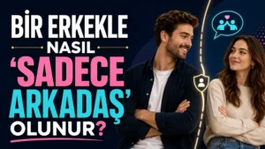 Bir Erkekle Nasıl Sadece Arkadaş Olunur? başlıklı, kadın ve erkek figürlü, arkadaşlık ve sınırları temsil eden ikonlarla hazırlanmış modern ilişki kapak görseli.