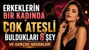 Erkeklerin Bir Kadında Çok Ateşli Buldukları 8 Şey ve Gerçek Nedenleri başlıklı, şık kadın figürlü, kırmızı, pembe, siyah ve altın tonlarında hazırlanmış modern çekicilik temalı kapak tasarımı.