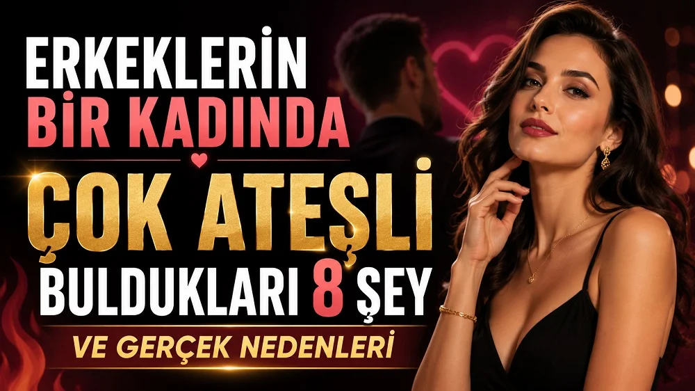 Erkeklerin Bir Kadında Çok Ateşli Buldukları 8 Şey ve Gerçek Nedenleri başlıklı, şık kadın figürlü, kırmızı, pembe, siyah ve altın tonlarında hazırlanmış modern çekicilik temalı kapak tasarımı.