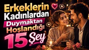 Romantik bir kafede birbirine gülümseyerek bakan kadın ve erkek, kalp ve konuşma balonu simgeleriyle hazırlanmış, erkeklerin duymaktan hoşlandığı sözler temalı kapak tasarımı.