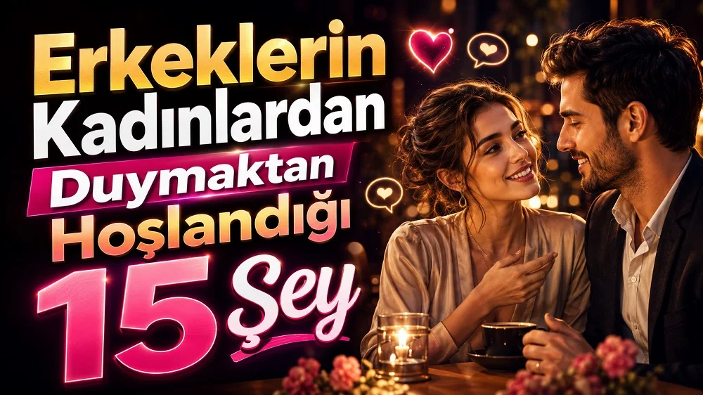 Romantik bir kafede birbirine gülümseyerek bakan kadın ve erkek, kalp ve konuşma balonu simgeleriyle hazırlanmış, erkeklerin duymaktan hoşlandığı sözler temalı kapak tasarımı.