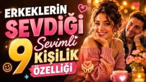 Romantik ve sıcak bir ortamda gülümseyen kadın, arka planda ona ilgiyle bakan erkek, kalp ve gülümseme simgeleriyle hazırlanmış sevimli kişilik özellikleri temalı kapak tasarımı.