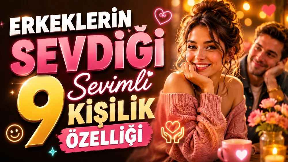 Romantik ve sıcak bir ortamda gülümseyen kadın, arka planda ona ilgiyle bakan erkek, kalp ve gülümseme simgeleriyle hazırlanmış sevimli kişilik özellikleri temalı kapak tasarımı.