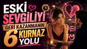 Romantik bir gece ortamında karşılıklı oturan eski sevgili çifti, kırık kalp, geri dönüş oku ve büyük başlık yazılarıyla hazırlanmış eski sevgiliyi geri kazanma temalı kapak tasarımı.
