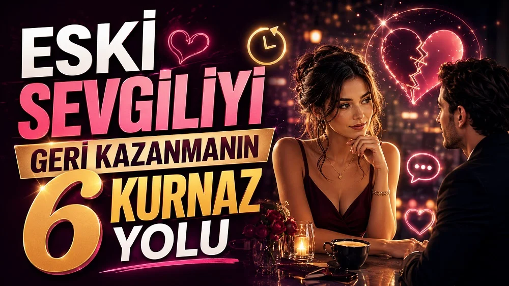 Romantik bir gece ortamında karşılıklı oturan eski sevgili çifti, kırık kalp, geri dönüş oku ve büyük başlık yazılarıyla hazırlanmış eski sevgiliyi geri kazanma temalı kapak tasarımı.
