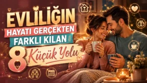 Sıcak bir ev ortamında birlikte kahve içen mutlu çift, kalp, ev, alyans ve büyük başlık yazılarıyla hazırlanmış evliliğin hayatı değiştiren küçük yolları temalı kapak tasarımı.