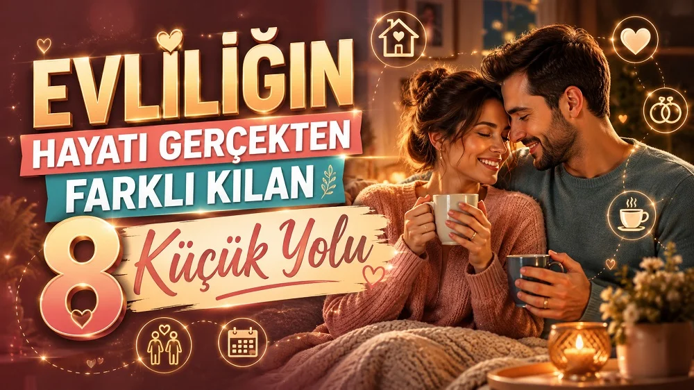 Sıcak bir ev ortamında birlikte kahve içen mutlu çift, kalp, ev, alyans ve büyük başlık yazılarıyla hazırlanmış evliliğin hayatı değiştiren küçük yolları temalı kapak tasarımı.