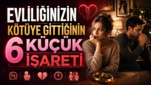 Sıcak bir ev ortamında birbirinden uzak duran üzgün kadın ve erkek, kırık kalp, sessizlik ve ayrılık simgeleriyle hazırlanmış evlilik sorunları temalı kapak tasarımı.