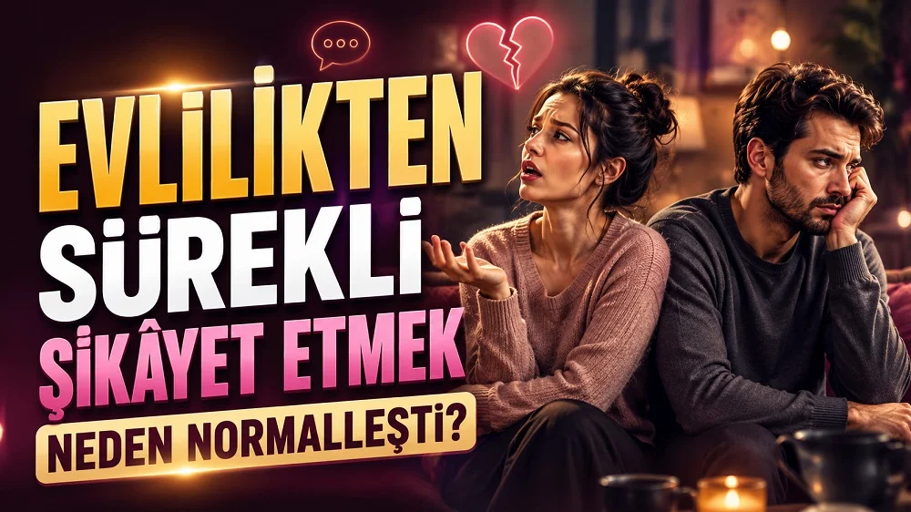 Sıcak bir ev ortamında birbirinden uzak duran mutsuz çift, kırık kalp ve konuşma balonu simgeleriyle hazırlanmış evlilikte şikâyet etmenin normalleşmesini anlatan kapak tasarımı.