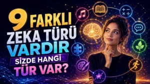 Düşünceli bir kadın figürü, beyin ve farklı zeka türlerini temsil eden renkli simgelerle hazırlanmış zeka türleri temalı kapak tasarımı.