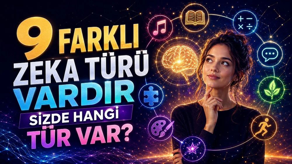 Düşünceli bir kadın figürü, beyin ve farklı zeka türlerini temsil eden renkli simgelerle hazırlanmış zeka türleri temalı kapak tasarımı.
