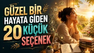 Güneşli bir manzaraya bakan düşünceli kadın, kişisel gelişim simgeleri, not defteri, kitaplar ve büyük başlık yazılarıyla hazırlanmış güzel yaşam ve küçük seçimler temalı kapak tasarımı.
