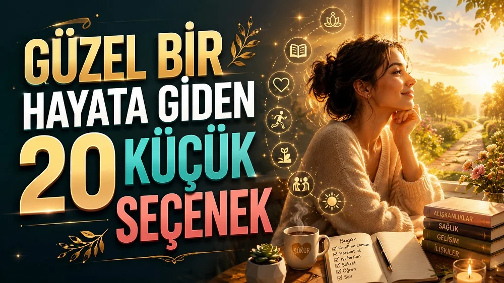 Güneşli bir manzaraya bakan düşünceli kadın, kişisel gelişim simgeleri, not defteri, kitaplar ve büyük başlık yazılarıyla hazırlanmış güzel yaşam ve küçük seçimler temalı kapak tasarımı.