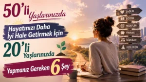 Gün doğumuna doğru uzanan bir yola bakan genç kadın, yanında sağlık, eğitim, hedefler, finans, ilişkiler ve kişisel gelişim yazılı yön tabelaları ile büyük başlık yazılarının yer aldığı kişisel gelişim temalı kapak tasarımı.