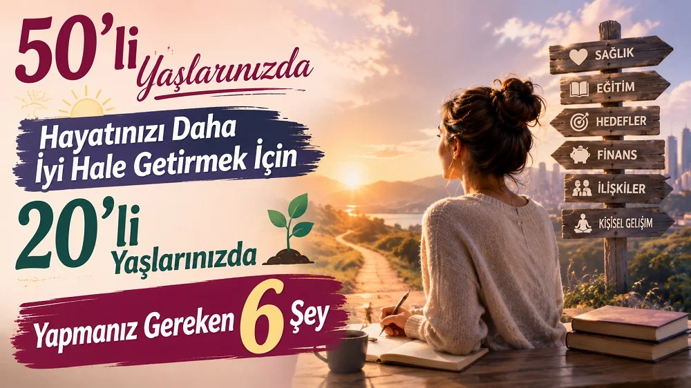 Gün doğumuna doğru uzanan bir yola bakan genç kadın, yanında sağlık, eğitim, hedefler, finans, ilişkiler ve kişisel gelişim yazılı yön tabelaları ile büyük başlık yazılarının yer aldığı kişisel gelişim temalı kapak tasarımı.