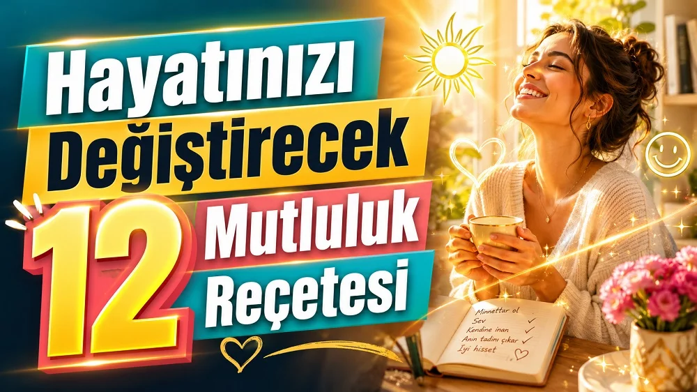 Güneşli bir odada elinde fincanla gülümseyen kadın, defter, çiçekler, kalp ve mutluluk simgeleriyle hazırlanmış 12 mutluluk reçetesi temalı kapak tasarımı.