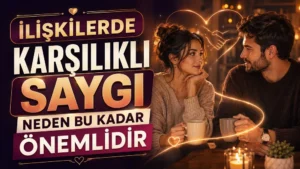 Sıcak bir ortamda birbirine sevgiyle bakan çift, kalp ve el sıkışma ışık detayları, büyük başlık yazılarıyla hazırlanmış karşılıklı saygı temalı ilişki kapağı.