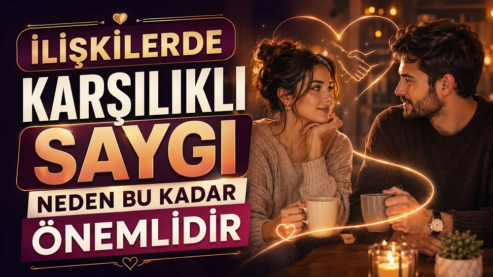 Sıcak bir ortamda birbirine sevgiyle bakan çift, kalp ve el sıkışma ışık detayları, büyük başlık yazılarıyla hazırlanmış karşılıklı saygı temalı ilişki kapağı.