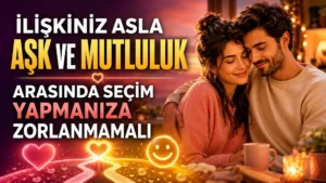 Gün batımı atmosferinde birbirine sarılan mutlu çift, kalp ve mutluluk simgeleri, ikiye ayrılan yol ve büyük başlık yazılarıyla hazırlanmış aşk ve mutluluk temalı ilişki kapağı.