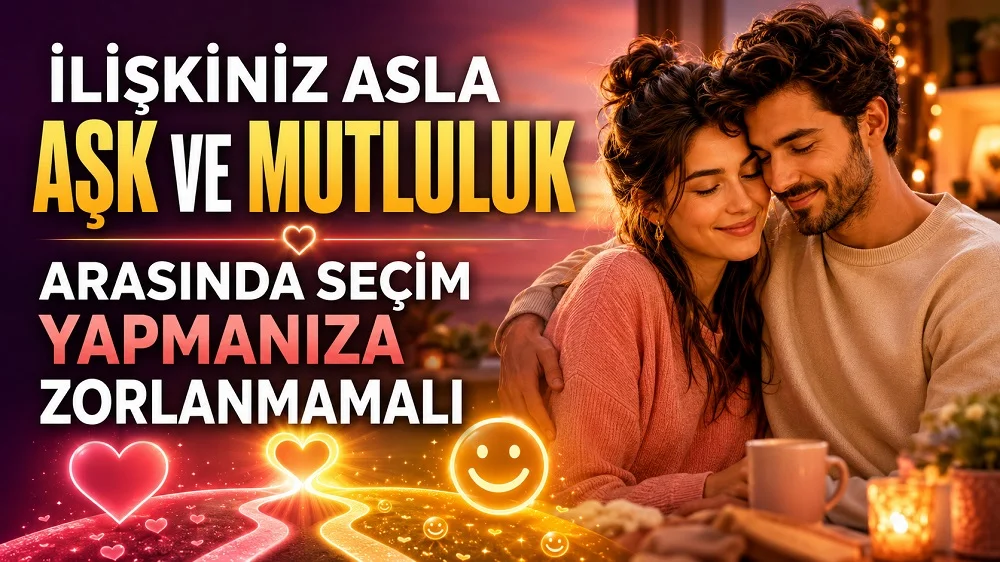 Gün batımı atmosferinde birbirine sarılan mutlu çift, kalp ve mutluluk simgeleri, ikiye ayrılan yol ve büyük başlık yazılarıyla hazırlanmış aşk ve mutluluk temalı ilişki kapağı.