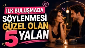 İlk Buluşmada Söylenmesi Güzel Olan 5 Yalan başlıklı, kafede karşılıklı gülümseyen kadın ve erkek figürlü, pembe ve altın tonlarda hazırlanmış modern ilişki kapak görseli.