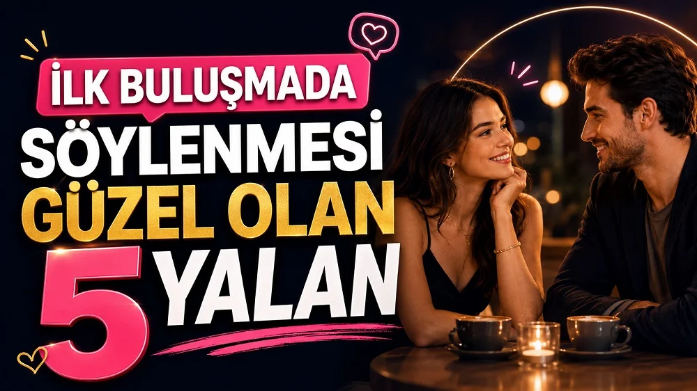 İlk Buluşmada Söylenmesi Güzel Olan 5 Yalan başlıklı, kafede karşılıklı gülümseyen kadın ve erkek figürlü, pembe ve altın tonlarda hazırlanmış modern ilişki kapak görseli.