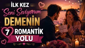 Gün batımında romantik bir ortamda kadına “Seni seviyorum” yazılı not uzatan erkek, şaşkın ve mutlu kadın figürü, kalp ışıkları ve büyük başlık yazılarıyla hazırlanmış aşk itirafı temalı kapak tasarımı.