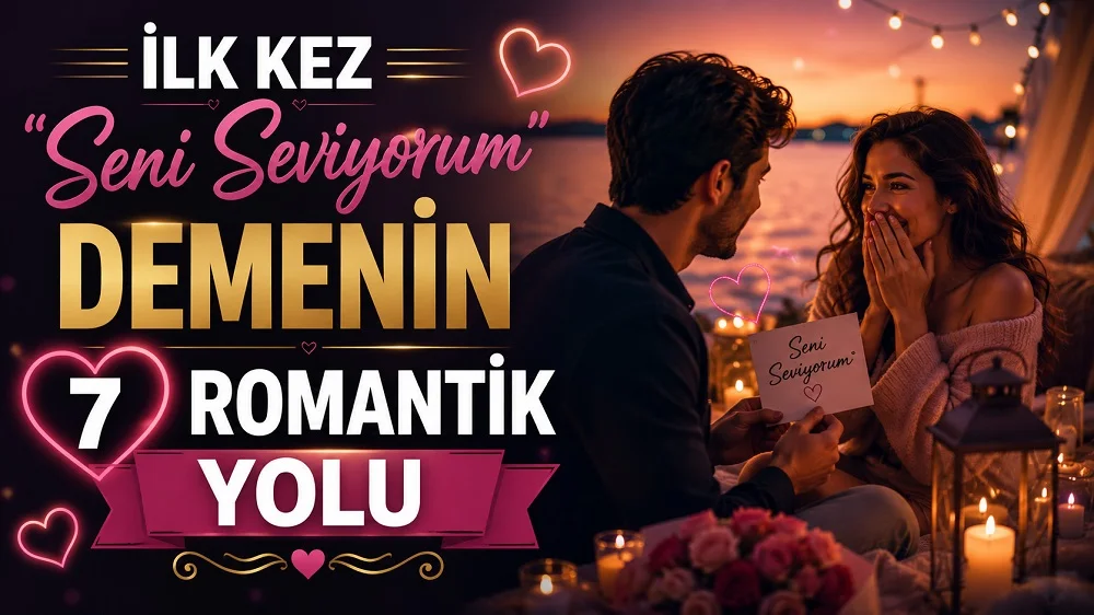 Gün batımında romantik bir ortamda kadına “Seni seviyorum” yazılı not uzatan erkek, şaşkın ve mutlu kadın figürü, kalp ışıkları ve büyük başlık yazılarıyla hazırlanmış aşk itirafı temalı kapak tasarımı.