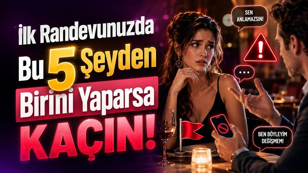 İlk randevuda tedirgin görünen kadın ve karşısında baskın şekilde konuşan erkek figürü, kırmızı bayrak, uyarı işareti ve büyük başlık yazılarıyla hazırlanmış ilişki uyarıları temalı kapak tasarımı.