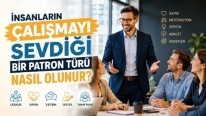 Modern bir ofiste ekibiyle toplantı yapan güler yüzlü yönetici, liderlik ve güven simgeleriyle hazırlanmış iyi patron olma temalı kapak tasarımı.