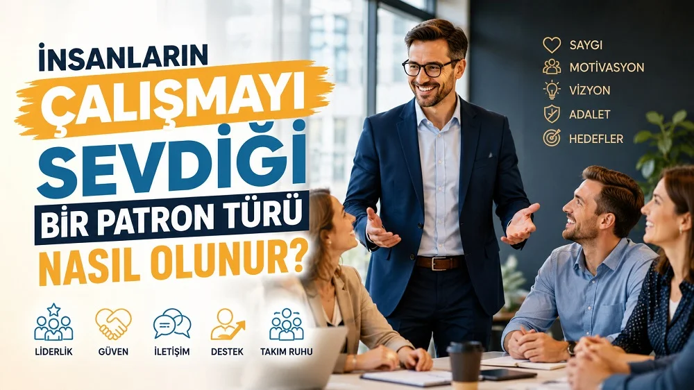Modern bir ofiste ekibiyle toplantı yapan güler yüzlü yönetici, liderlik ve güven simgeleriyle hazırlanmış iyi patron olma temalı kapak tasarımı.