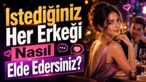 Romantik bir ortamda kendinden emin şekilde bakan şık kadın, arka planda ilgili erkek figürü, kalp ve konuşma balonu detaylarıyla hazırlanmış flört ve ilişki temalı kapak tasarımı.