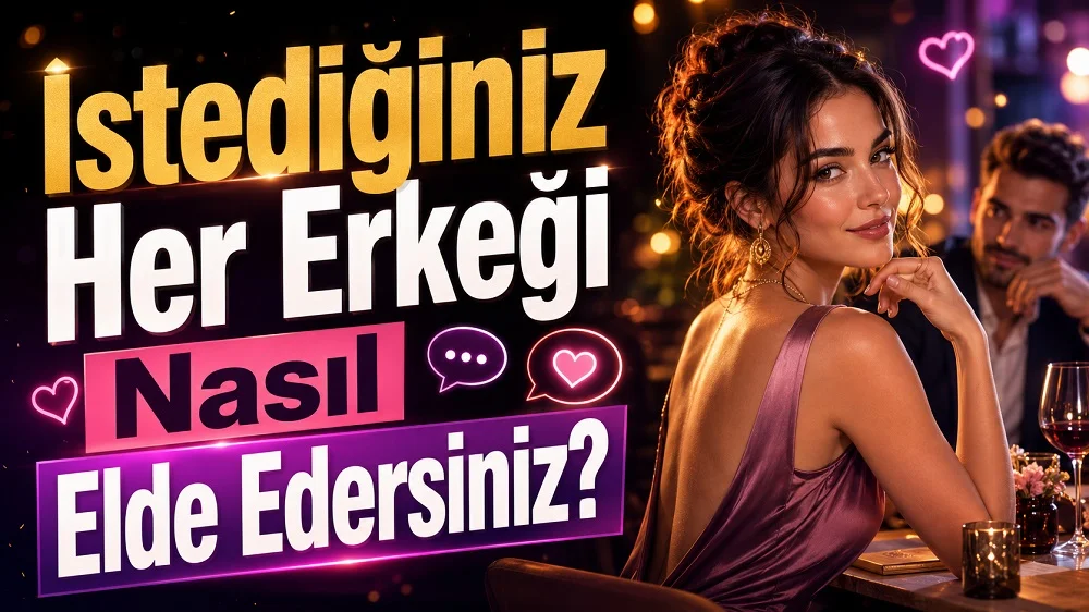 Romantik bir ortamda kendinden emin şekilde bakan şık kadın, arka planda ilgili erkek figürü, kalp ve konuşma balonu detaylarıyla hazırlanmış flört ve ilişki temalı kapak tasarımı.