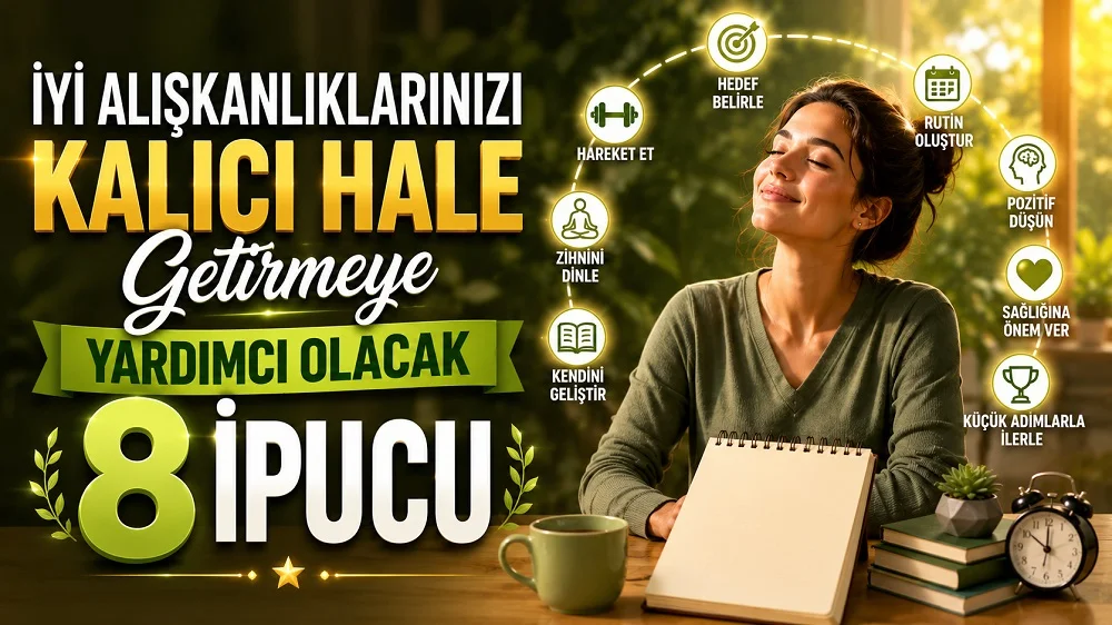 Sıcak gün ışığı alan bir ortamda huzurlu şekilde oturan kadın, boş defter, kitaplar, fincan, bitki ve alışkanlık oluşturmayı temsil eden ikonlarla hazırlanmış kişisel gelişim temalı kapak tasarımı.