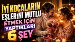 Sıcak ve romantik bir ortamda eşine çiçek veren gülümseyen erkek ile mutlu kadın figürü, kalp detayları ve büyük başlık yazılarıyla hazırlanmış evlilik ve mutluluk temalı kapak tasarımı.