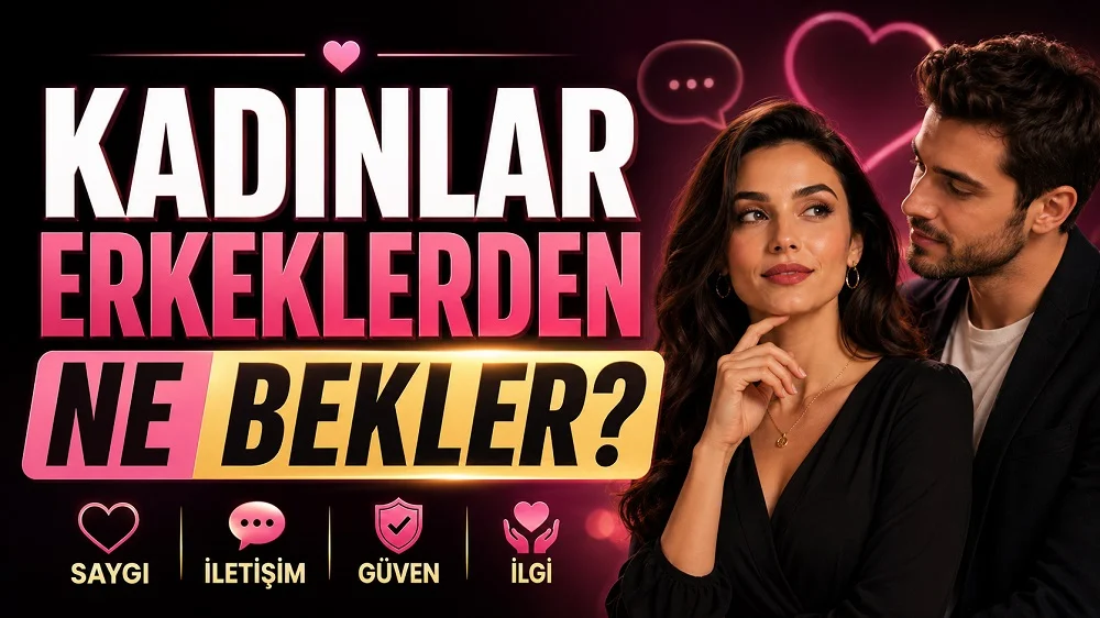 Kadınlar Erkeklerden Ne Bekler? başlıklı, kadın ve erkek figürlü, kalp, konuşma balonu, güven ve ilgi ikonları bulunan modern ilişki kapak görseli.